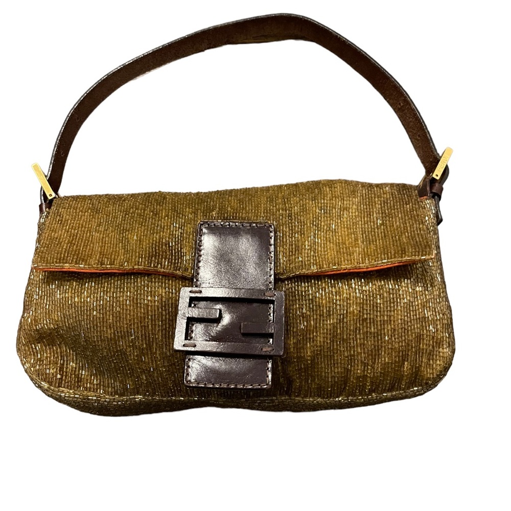FENDI Leather Beaded Baguette Shoulder Bag in Gold